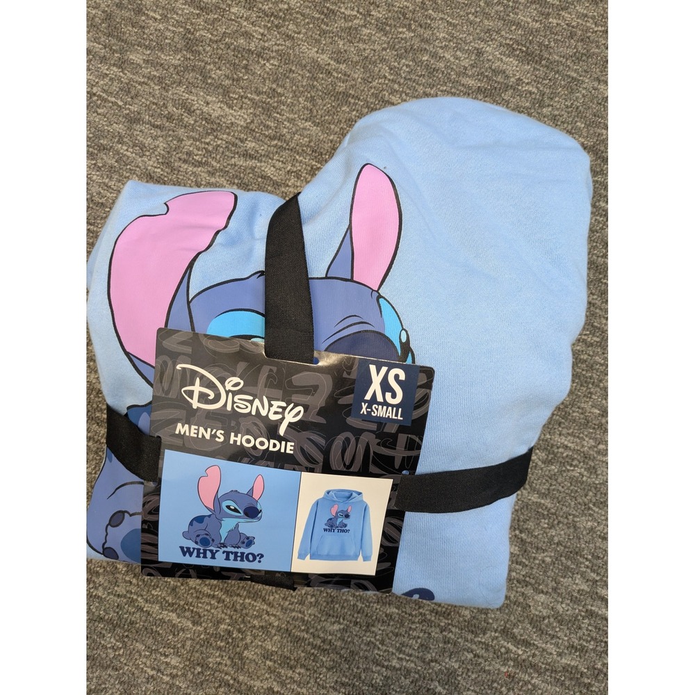 Disney Stitch Men's Hoodie‎ X-Small Light Blue Graphic Print "Why Tho" Casual